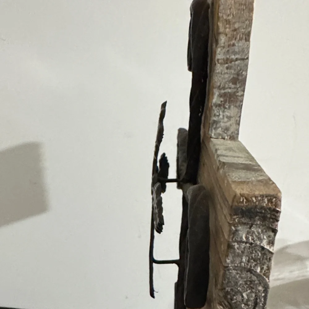 Vintage Distress Rustic metal and wood scrollwork wall hanging cross.